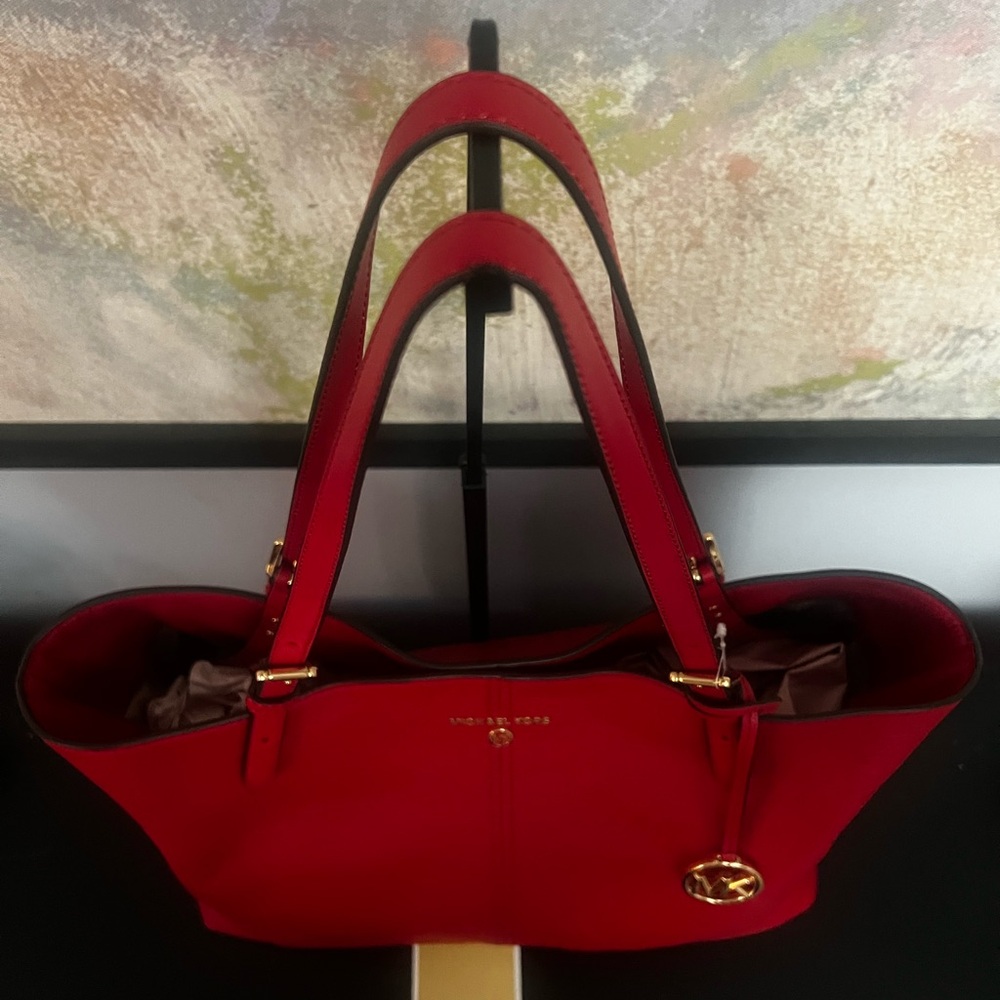 Michael Kors NWOT Lenox Pebble Crimson Red Leather Large Tote Bag - Picture 5 of 12